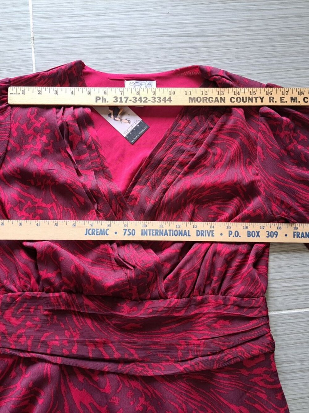 New Sofia Vergara Womens Red V-Neck Wrap Blouse Baloon Long Sheer Sleeves Large - Picture 9 of 11